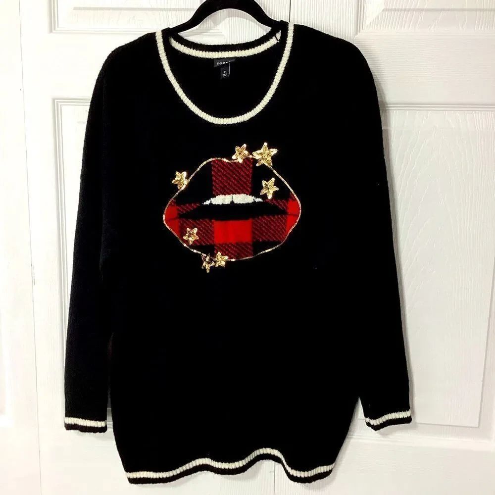 Torrid Holiday Lips Sweater Buffalo Check Black Sparkly Stars Sweater Torrid 2